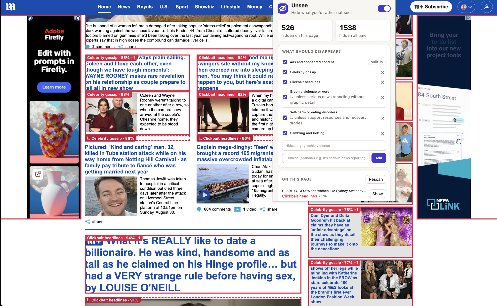 Unsee highlighting celebrity gossip and clickbait headlines on a news site